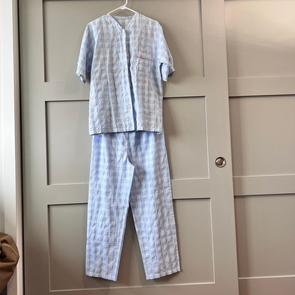 Unbranded Seersucker Pajama Set Women Medium Blue Plaid Good Short Sleeve PJ Set